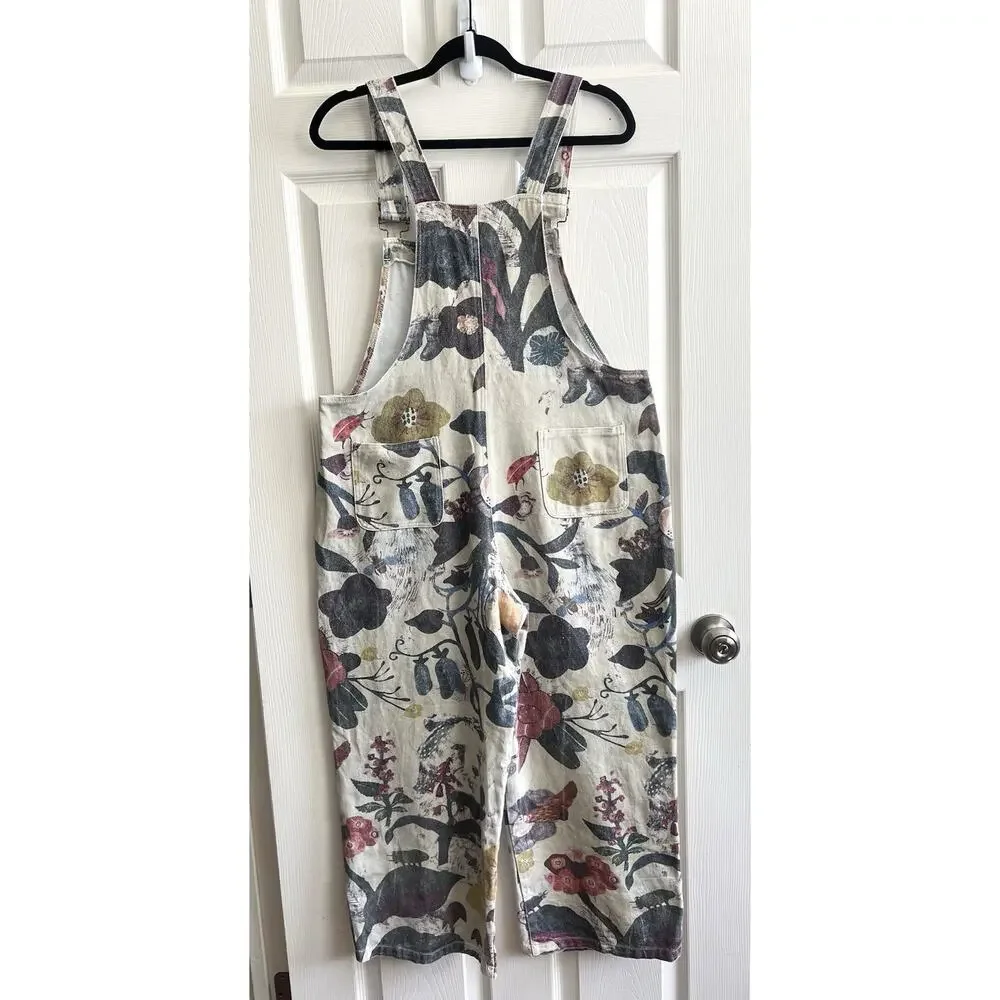 SM WARDROBE Floral Ladybug Cotton Canvas Wide Leg Gardening Overalls Jumper Sz L - Picture 6 of 16